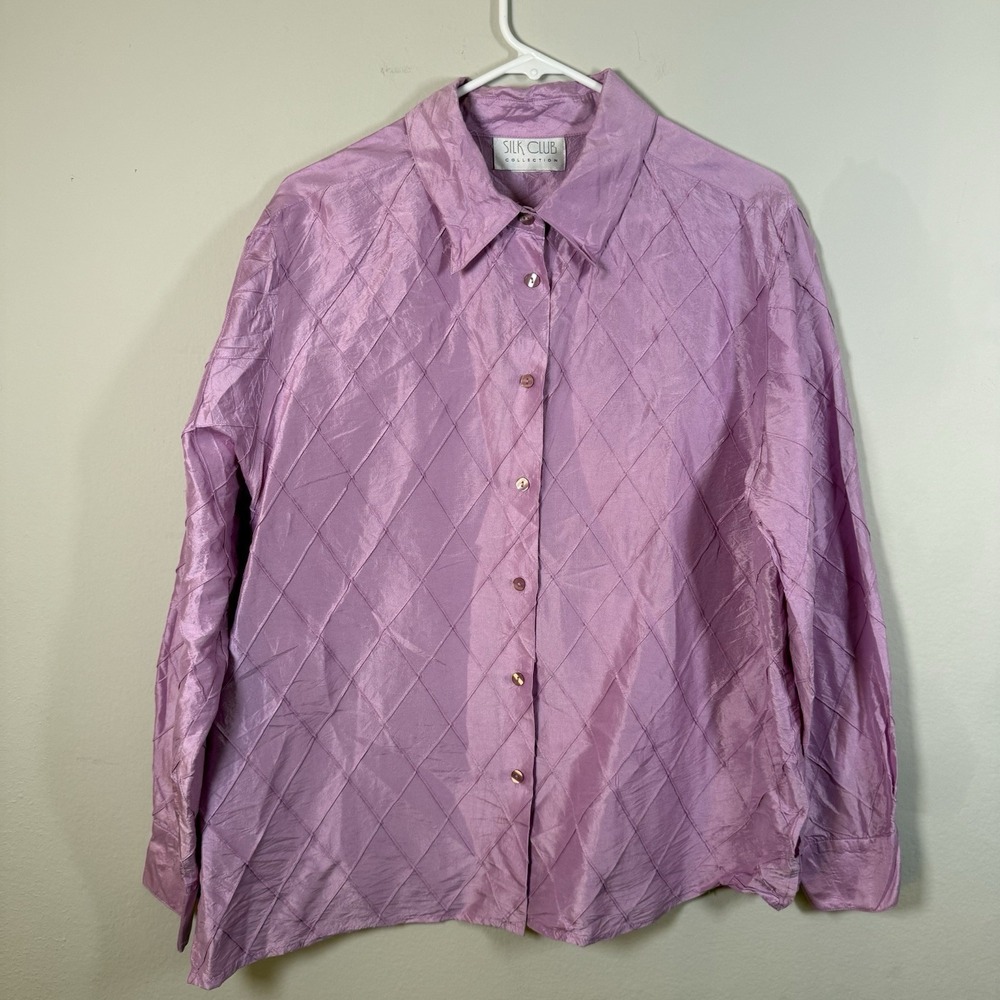 Silk Club‎ Collection Shirt Top Purple Shimmer Texture Collar Button Large